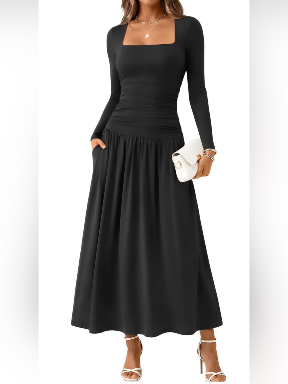 Square-Neck Black Long Sleeve Maxi Dress with Gathered Waist